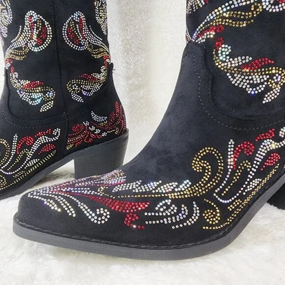 Muerto Country Western Cowgirl Boots Sparkling Iridescent Rhinestones Skull Red